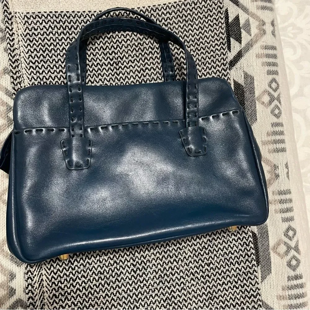 Vintage Ganson Navy Leather Short Handle Tote W/Stitching Detail Bag